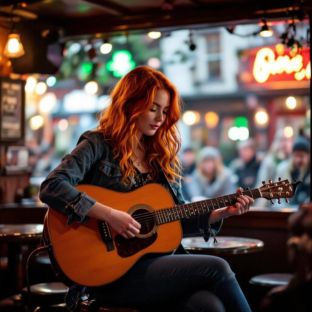 Distance photo of red-haired Irish girl playing guitar on public stage. Scene set in Irish pub. Device captures warm, inviting ambiance surrounding performance.