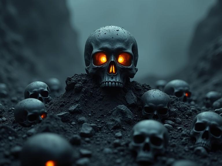 Black rock fills the frame. Several skulls emerge from the rock. Central skull glows with orange eyes. Ashed rock and dust floating in air. Dark cinematic scene.