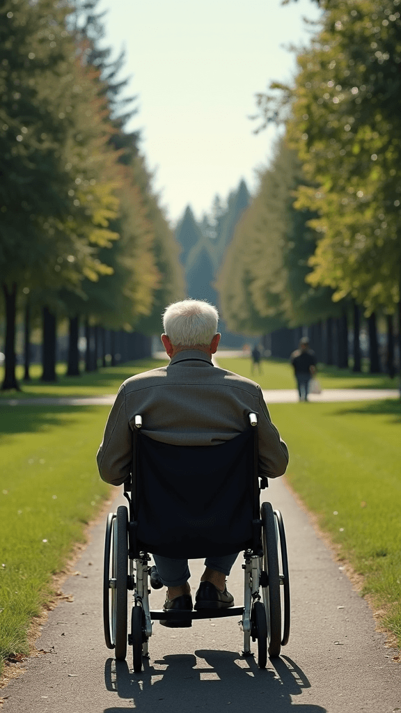 A person in a wheelchair is on a sunlit pathway lined by tall trees on both sides, with lush green grass and a few people walking in the background.