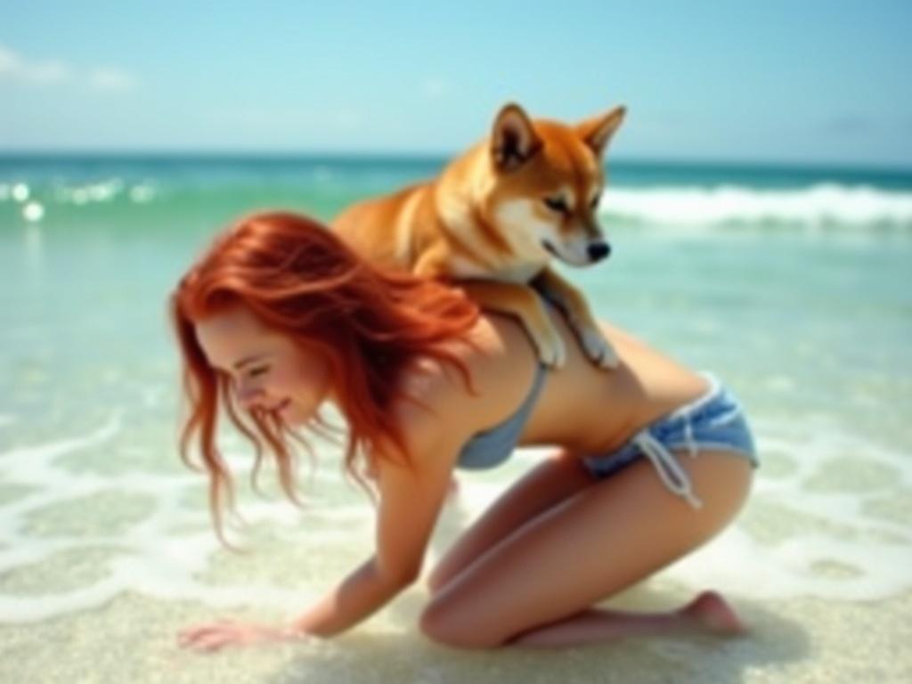 The image features a woman with long, vibrant red hair and fair skin, appearing to be in a playful pose on a beach. She is leaning forward, almost kneeling in shallow water, while a brown dog, likely a Shiba Inu, is playfully positioned on her back. The setting is bright and sunny, with the ocean waves in the background reflecting a blue sky. The overall composition captures a light-hearted, intimate moment between the woman and the dog, emphasizing their unique bond.