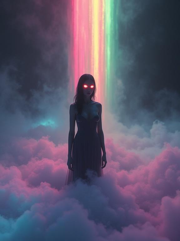 A humanoid figure with synthetic black body stands in colorful mist. The figure has glowing red eyes and a regal posture. Mist is rainbow-hued, swirling around the figure. A vertical beam of light descends from above. The composition is low-angle, emphasizing scale and divine presence.