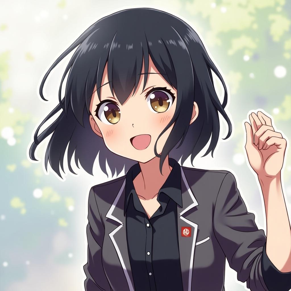 Anime girl character with short black hair wearing a blazer. She is posing and smiling. The background is softly blurred with light colors.