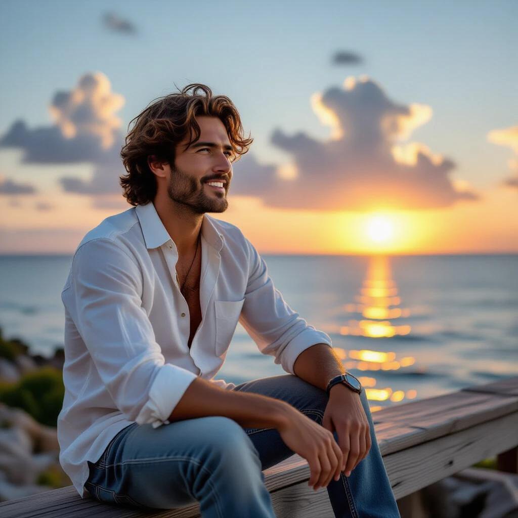 A man dressed in an open white shirt and rolled-up jeans sits on a wooden wall. The sunset creates a beautiful scene of the sea merging with the blue sky and clouds. He expresses satisfaction, joy and relaxation.