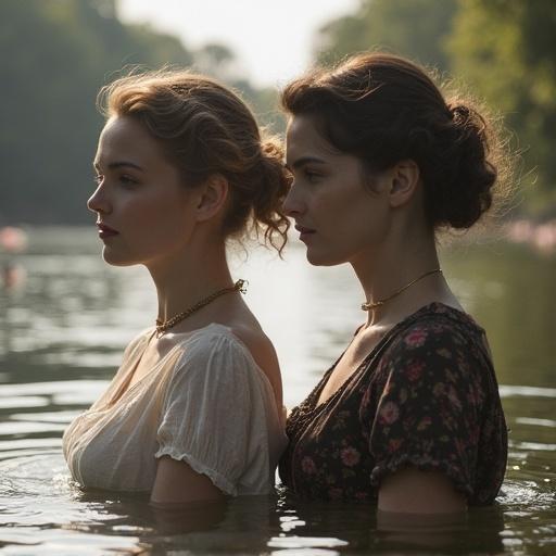 Photo restored and colorized showing two women in a river during the 1940s. Women dressed in vintage swimwear. One woman has light blouse and the other wears floral dress. Scene illuminated by soft natural light. Subjects immersed waist-deep in water. Soft focus on surrounding nature.