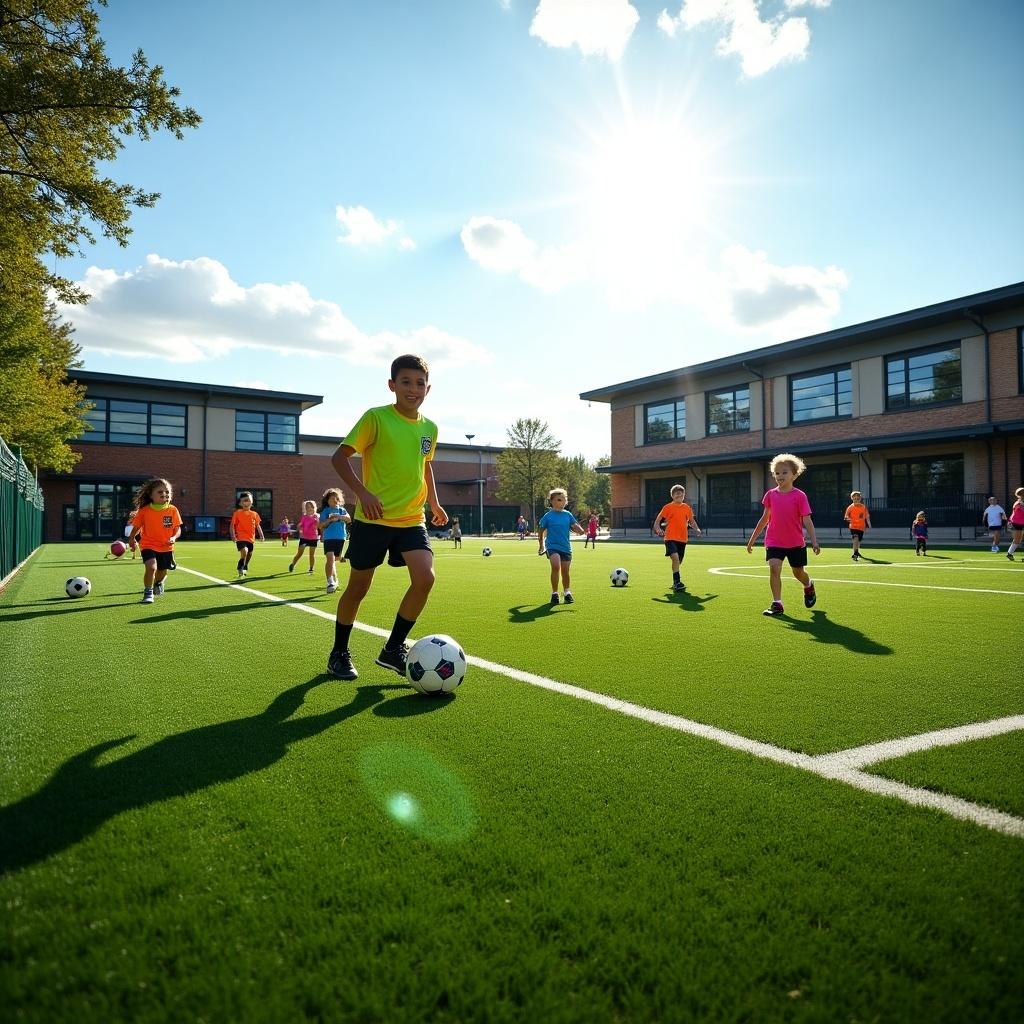 The image shows children playing soccer on a vibrant turf field at Julia Green Elementary School. Brightly colored shirts reflect the spirit of fun and teamwork among the young athletes. The field is surrounded by modern school buildings under a clear sky. Sunlight illuminates the scene, casting playful shadows. The players are actively engaged, showcasing the joy of outdoor sports. This setting represents a community-focused approach to physical activity in young learners. The soccer field is a central hub for children to develop skills and friendships, highlighting the importance of sports in education.