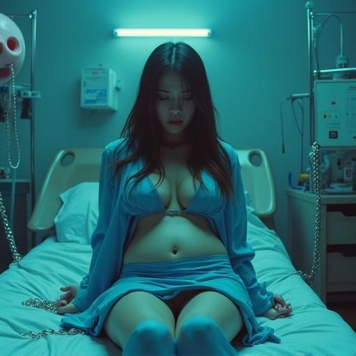 Cyan Super Sentai female warrior is an attractive idol with medium-long brown hair. She appears melancholic, arms tied with chains. Sits on a delivery table, wearing a skirt-like suit. Background is a dimly lit hospital at night. Live-action simulation.
