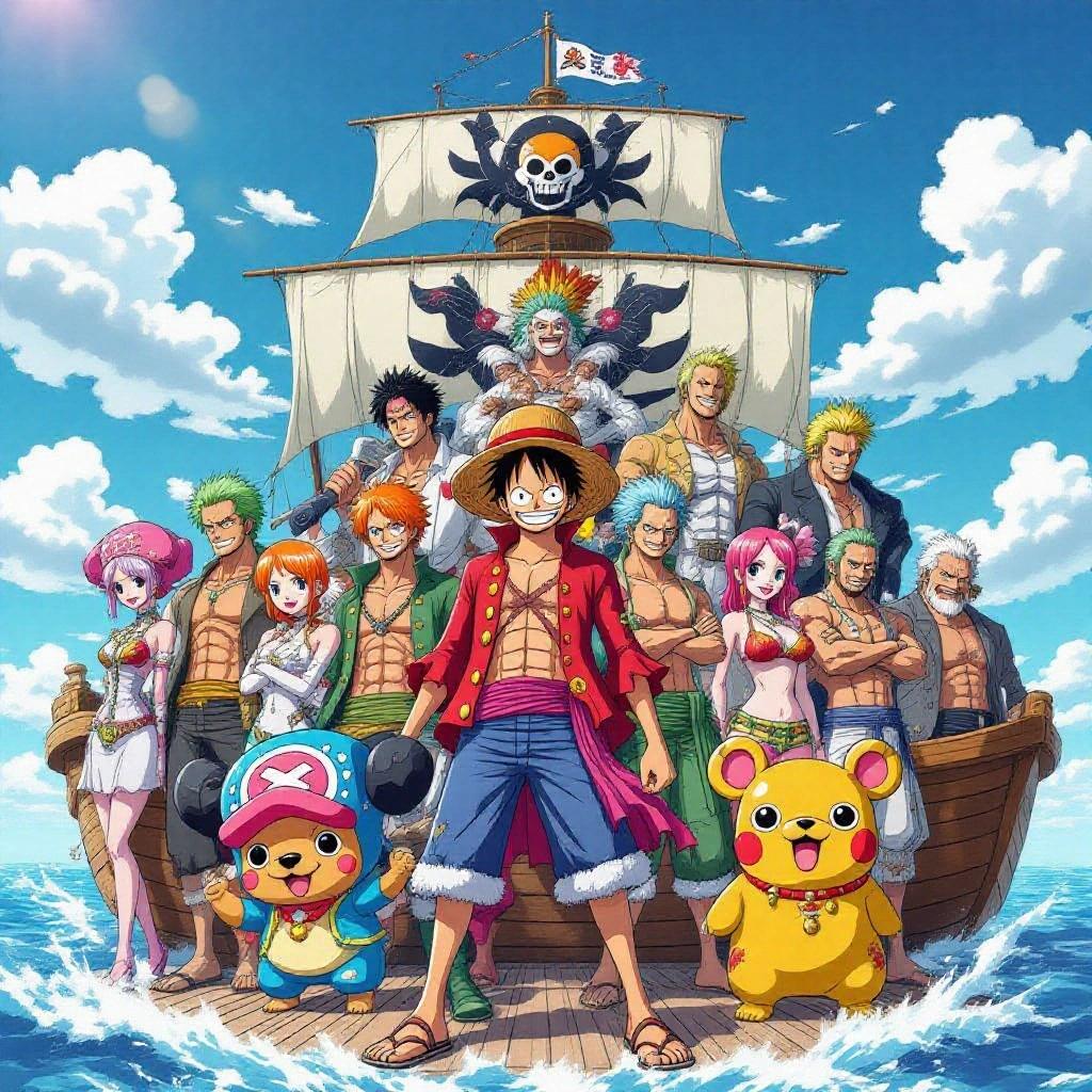 Group portrait of main One Piece characters. Luffy, Zoro, Nami, Usopp, Sanji, Chopper, Robin, Franky, Brook, Jinbe, iconic villains and allies. Sunny open sea background. Thousand Sunny ship behind. Expressive faces and dynamic poses. Vivid colors and epic scale. Highly detailed anime style.