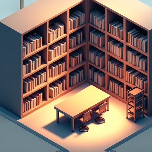 Library room depicted in isometric view. Features bookshelves filled with books. Contains a central table and chairs. Utilizes a tetradic color palette with a dominant green. Emphasizes a blocky and high contrast style. Realistic representation.