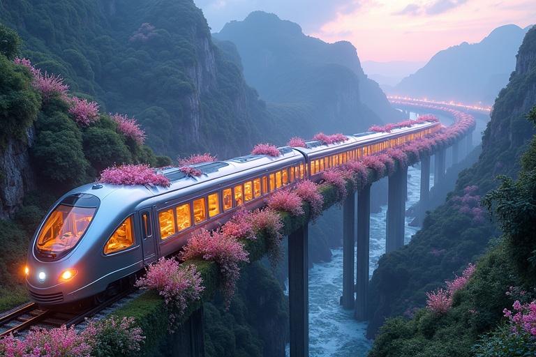 A surreal train resembles a mythical serpent weaving through an enchanted landscape. The exterior is covered with cascading flower vines in soft pastel hues. The glass roof reveals a glowing interior with lush greenery and water features. The railway stretches through untouched nature with winding silver rivers and bioluminescent flowers. Towers of mountains pulse with luminescence. Wisps of glowing mist swirl around the train. The sky is a vibrant expanse of dreamy pastels, lit by an eternal aurora.