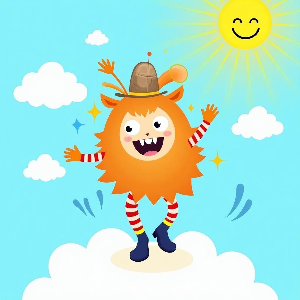 Colorful cartoon monster character with a joyful demeanor stands on clouds. Character has orange fur, big eyes, and striped socks. A sun and fluffy clouds complement the cheerful scene.