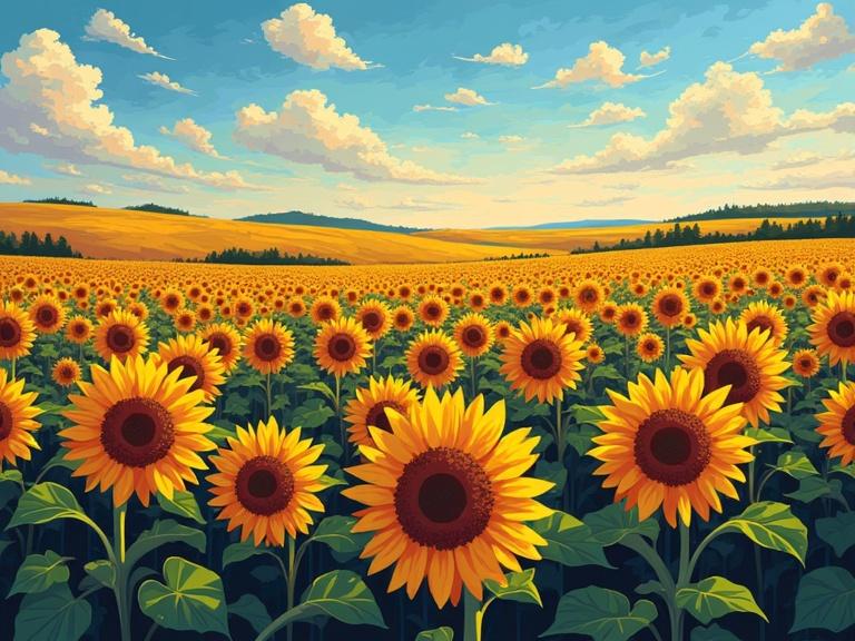 A wide view of vast fields filled with bright sunflowers. Blue sky with soft clouds above. Fields stretching to the horizon. Emphasis on vibrant yellow petals and green leaves.