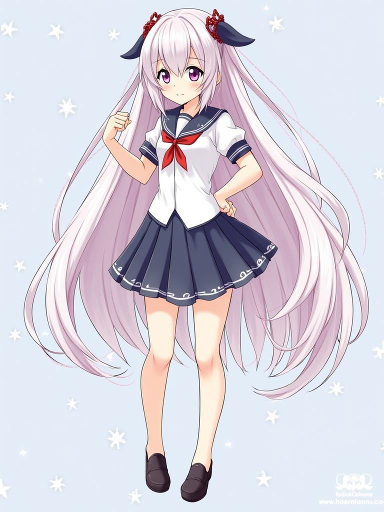 Anime character inspired by Houkai Gakuen 2. Features long, light pink hair and a school uniform. The character is striking a pose with a confident expression. Background filled with soft, light blue color and white stars.