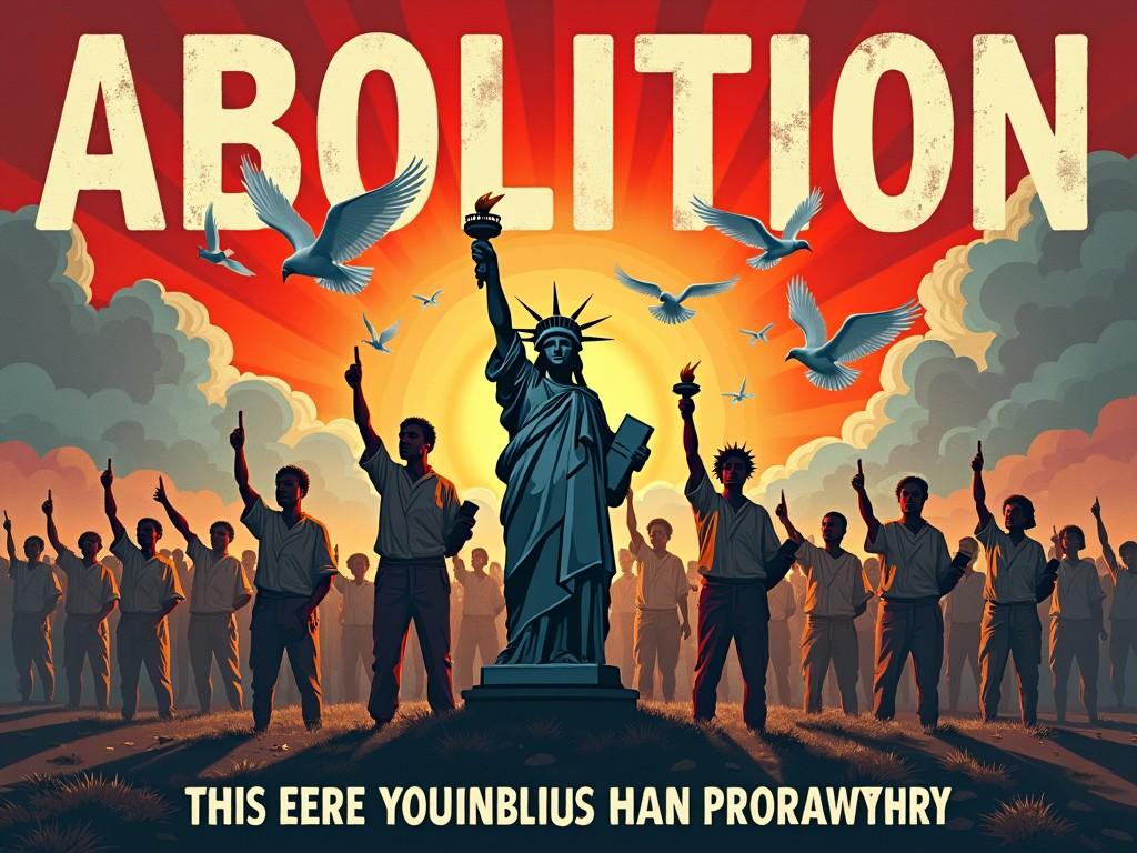 The image depicts a powerful illustration centered on the theme of abolition. It features the Statue of Liberty, symbolizing freedom, surrounded by a group of diverse individuals raising their fists in solidarity. Above, doves are flying, symbolizing peace and hope for a better future. The background is a vibrant sunset, representing change and awakening. The word 'ABOLITION' dominates the top of the poster in large, bold letters. A phrase at the bottom emphasizes the significance of the movement. This artistic representation inspires a sense of unity and determination in the fight for freedom.