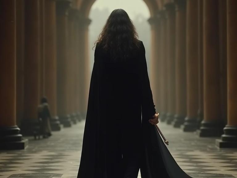 A tall fitted man walks through an empty grand hall. He has long voluminous dark hair. He wears a black long coat with a matching cape. A candle is held in his right hand.