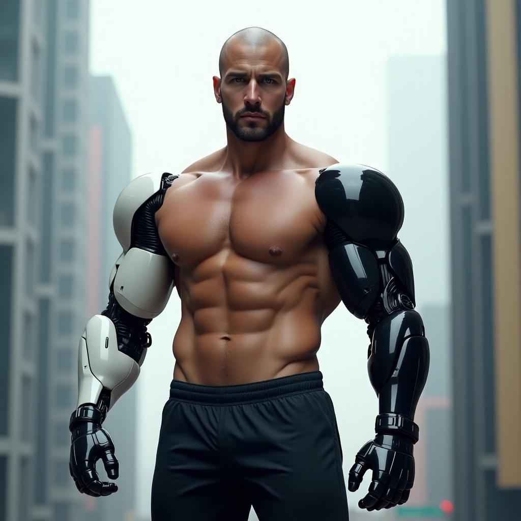 A muscular man with robotic body parts in an urban setting. The man has a strong physique with cybernetic enhancements on his arms.