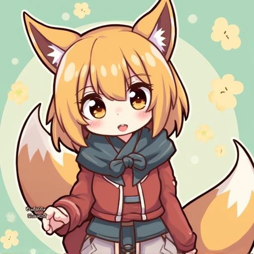 A cute anime character with blonde hair and fox ears. The character is wearing a jacket with a hood and is surrounded by a soft pastel background with flowers. The character has a friendly expression and a playful pose.