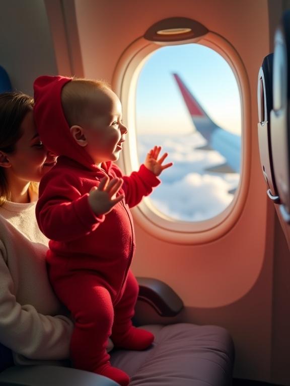 Interior of an airplane cabin. A cute baby in a bright red hooded onesie stands on a seat. Baby presses hands against the window looking out at fluffy white clouds. Sunlight streams through the window. Mother is asleep beside baby. Medium shot at eye level with the baby.