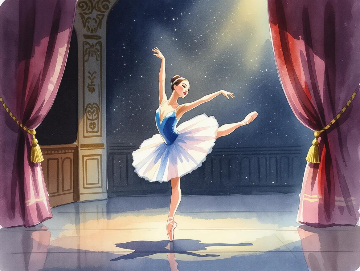 A watercolor depicts a ballerina mid-spin on a quiet stage. This scene captures a moment of silence in motion. The ballerina is centered with flowing tutu and expressive pose.
