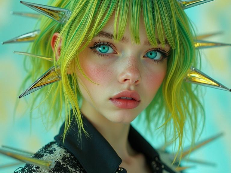 Bright surrealism art featuring a close portrait of a young female with vivid blue eyes and shoulder length green and yellow striped hair. The image includes a black and white loose shirt and pale skin with stained glass patches resembling blades. Bold colors and gradients are used throughout the artwork.