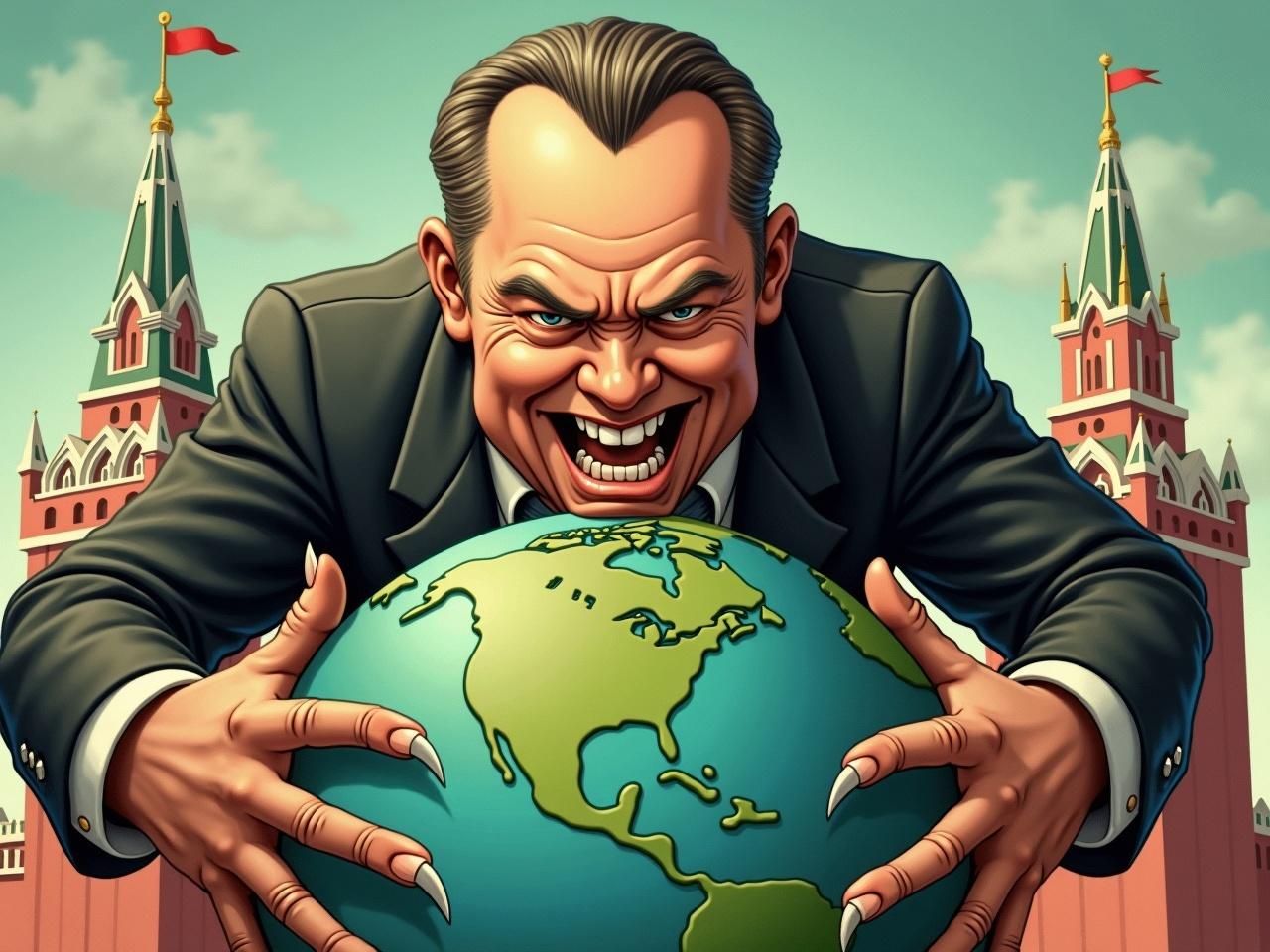 The image depicts a caricature of a powerful man aggressively leaning over a globe. He has an intense expression, with sharp nails gripping the earth as if he is trying to take control of it. The background features iconic structures that resemble the Kremlin, hinting at a political theme. The colors are vibrant, with a focus on greens and blues for the globe and a muted palette for the man's attire. This artwork delivers a strong commentary on global power dynamics and leadership.