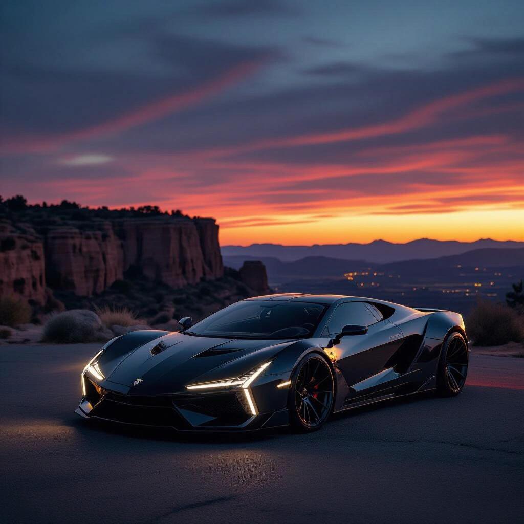 Dark sunset scene with a futuristic hypercar parked. The car features an angular design, placed against a dramatic country cliff backdrop. The photo captures a serene night atmosphere.