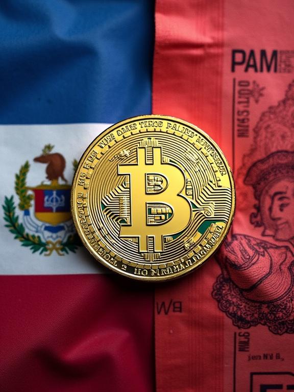Pantalla dividida con bitcoins sobre la bandera de Panamá y billetes de otro país. Texto sobre la imagen acerca del futuro económico.