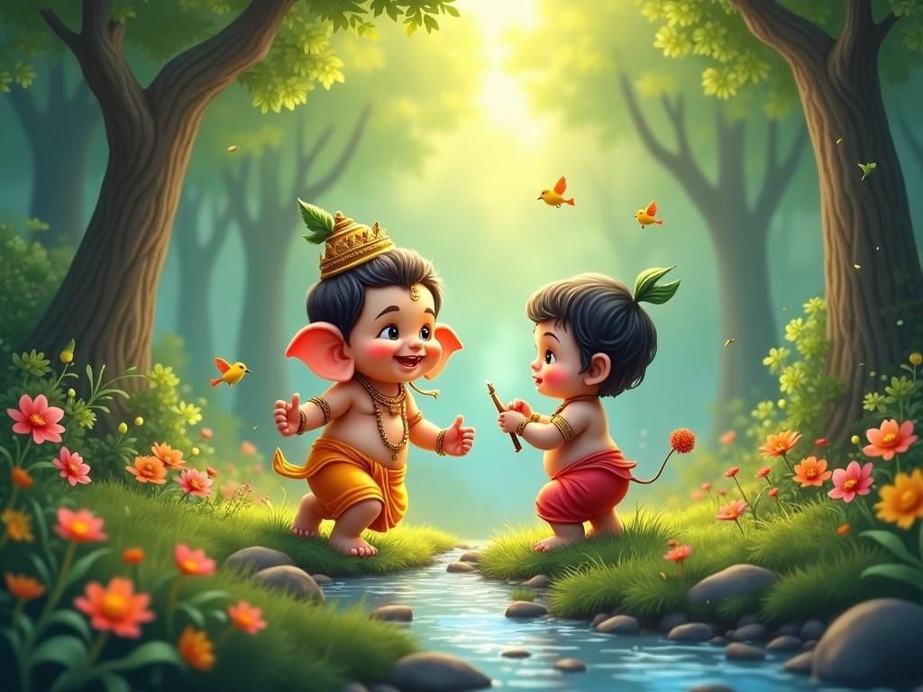 The image depicts two adorable babies, Ganesh and Krishna, sharing a joyful moment in a lush natural setting. They are surrounded by vibrant flowers and butterflies, creating a magical atmosphere. Ganesh is wearing traditional attire with a crown and has large ears, while Krishna holds a stick and is equally cheerful. Sunlight filters through the trees, illuminating their happy faces. This scene captures the innocence and joy of childhood intertwined with divine friendship.