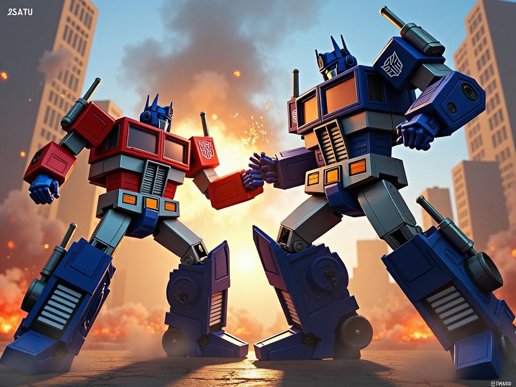 This image depicts an epic battle between two iconic Transformers from the G1 series. The characters are in a dynamic pose, locking hands as if engaged in a fierce struggle. They are portrayed with vibrant colors, predominantly blue and red, representing their respective factions. The background is filled with a dramatic explosion, creating an intense atmosphere. The perspective emphasizes their larger-than-life presence, appealing to fans of the franchise.