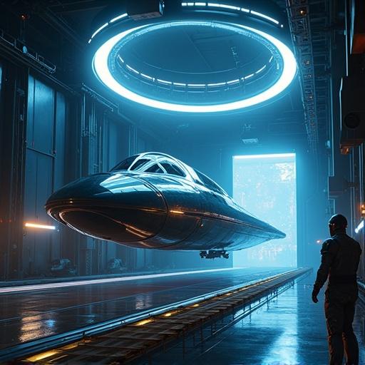 Cinematic photos of a futuristic launch cabin in 2055 featuring an Ark Starship. The starship has a streamlined titanium alloy hull on an anti-gravity platform. A holographic navigation ring rotates above it. The ship has nano-coating with ionized blue light. Dark energy engine emits low-frequency light. Background contains automated robotic arms and holographic data streams. Lighting contrasts show a futuristic atmosphere with a cold aesthetic.