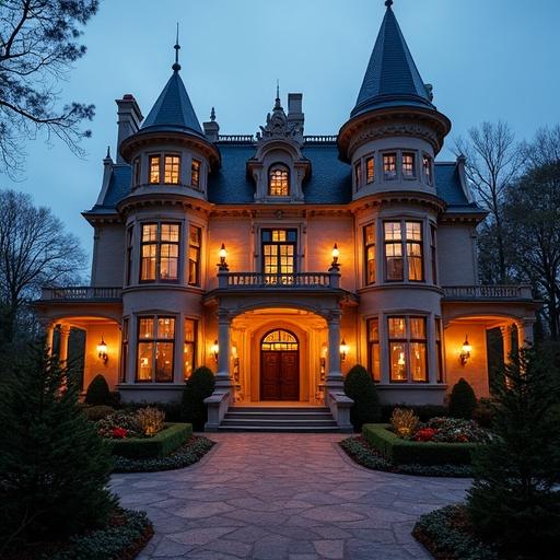 Image of a grand hotel resembling a mansion. The hotel features detailed architecture. Warm evening lighting creates an enchanting atmosphere. The setting is inviting and elegantly designed.