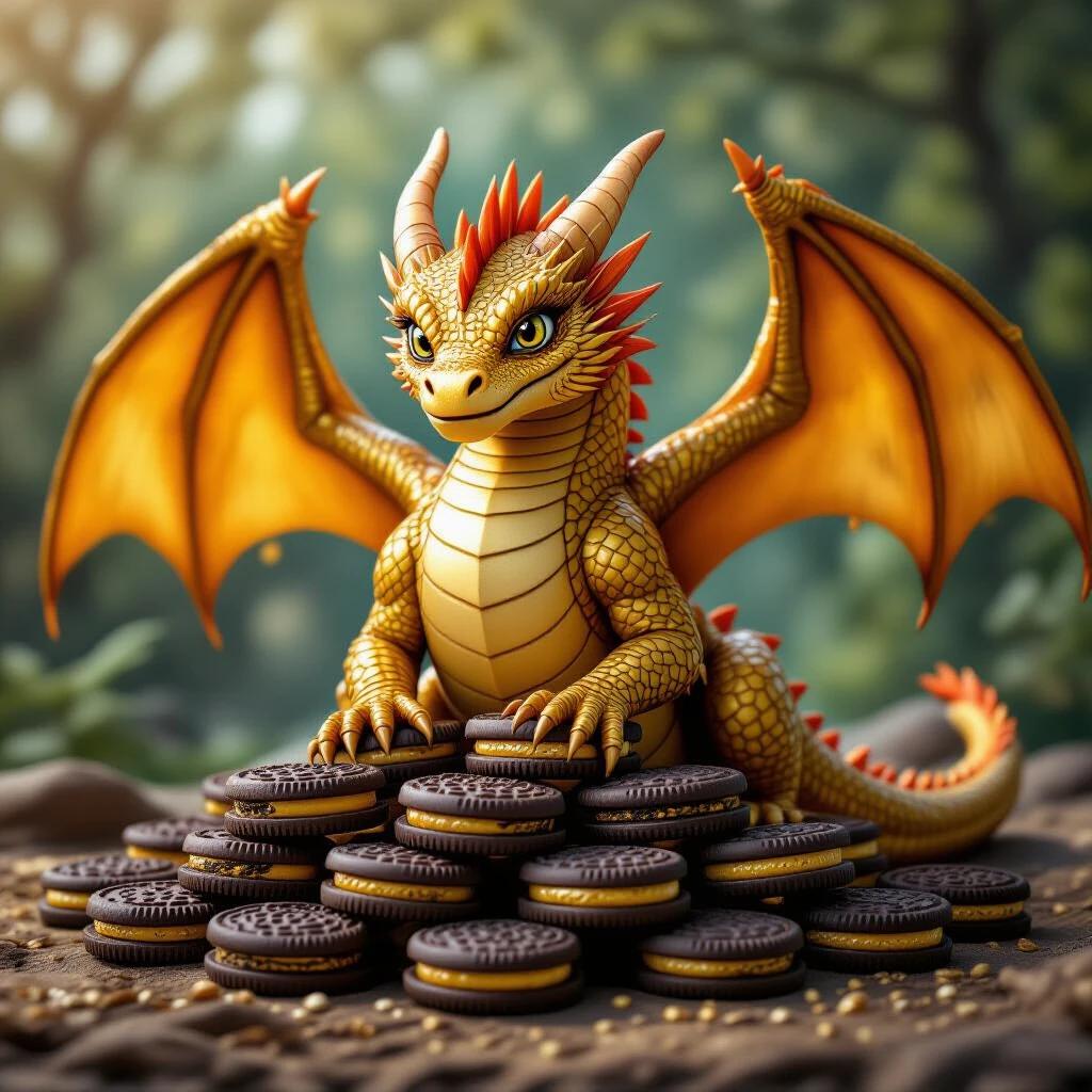 Fantasy scene featuring a golden dragon guarding a pile of Oreo cookies. The dragon has vibrant scales and detailed features. The background is a lush forest setting with soft focus. The cookies resemble treasures, creating a playful scene.