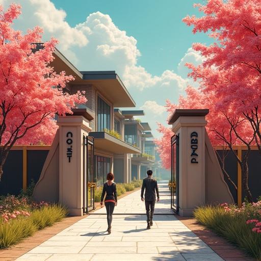 Anime inspired image set in 2037 summer depicting a futuristic and modern gated community with luxurious mega mansions. Cherry blossoms in red bloom around the scene. Citizens dressed in stylish outfits walk through well-designed gardens under noon sunlight.