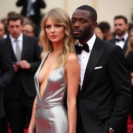 Elegant couple at an awards show. Silver gown with a deep neckline. Stylish black attire. Photorealistic quality. Crowd in the background.