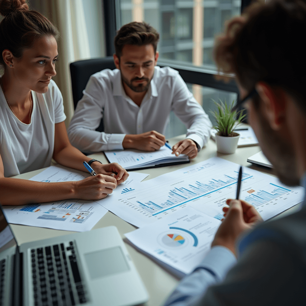 A group of professionals analyzing graphs and charts in a modern office setting.