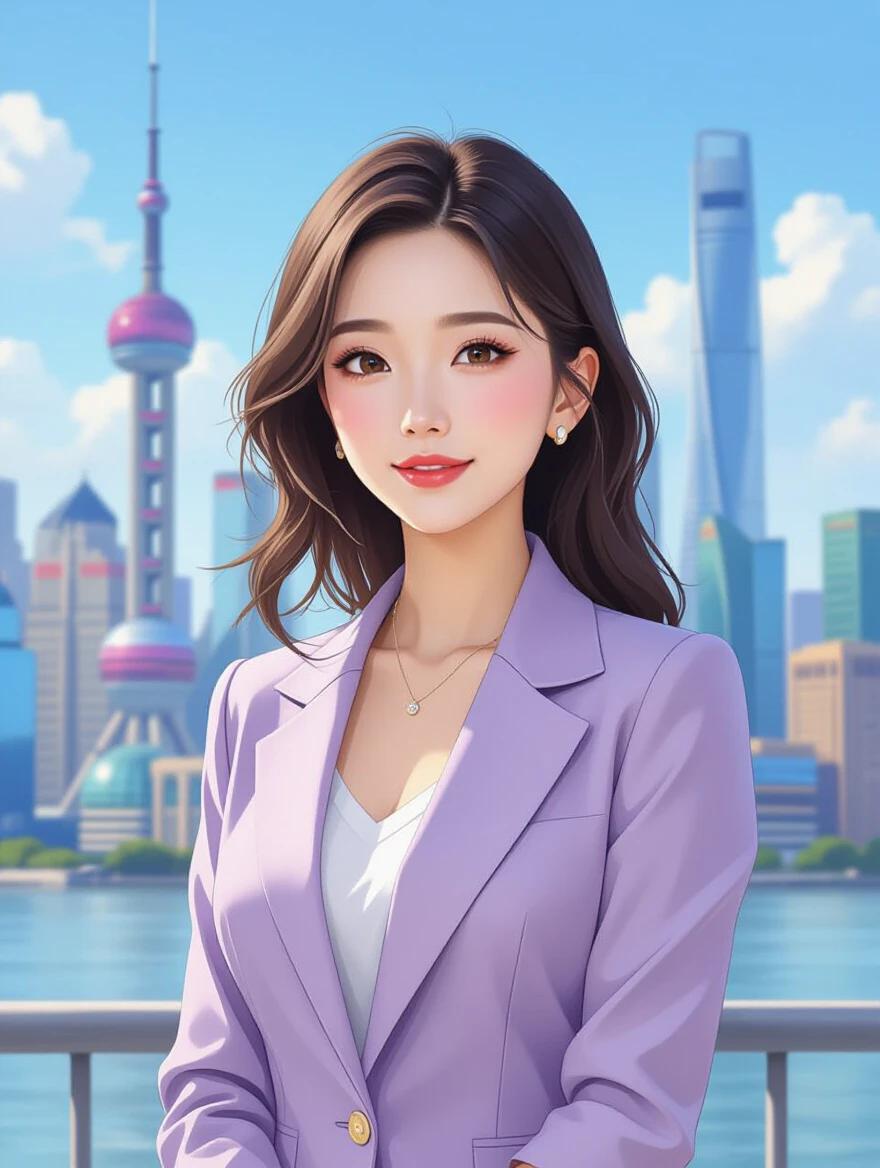 A woman in her 30s wearing a light purple blazer over a white top with a neat hairstyle. She has a round face and stands with hands at her sides. The background shows a vibrant cityscape with a skyscraper and a clear blue sky, creating a polished and professional scene.