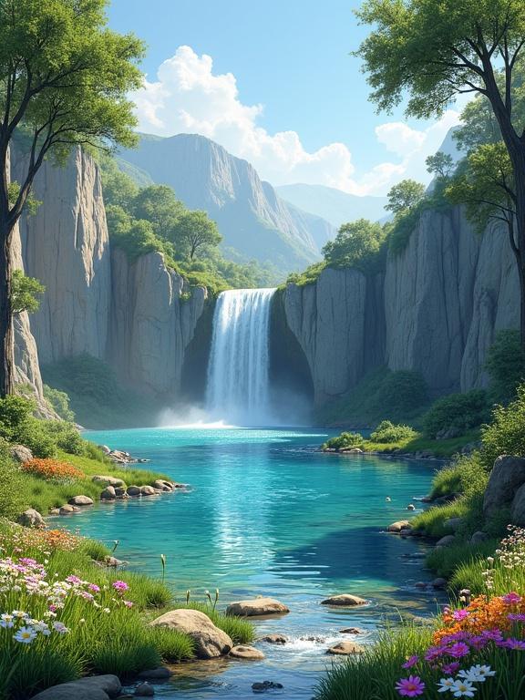 Serene natural landscape with a waterfall flowing into a clear pool. Surrounded by rocky cliffs and lush greenery. Colorful wildflowers bloom along the stream.