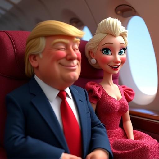 Trump and Ursula von der Leyen in a private jet. Style of 3D Pixar animation. Characters display cheerful expressions and are dressed appropriately for the scenario.