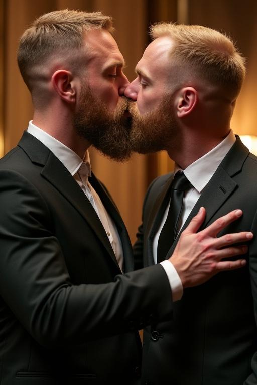 Two men in suits sharing an intimate kiss. Both have beards and similar hairstyles. The scene exudes warmth and affection.
