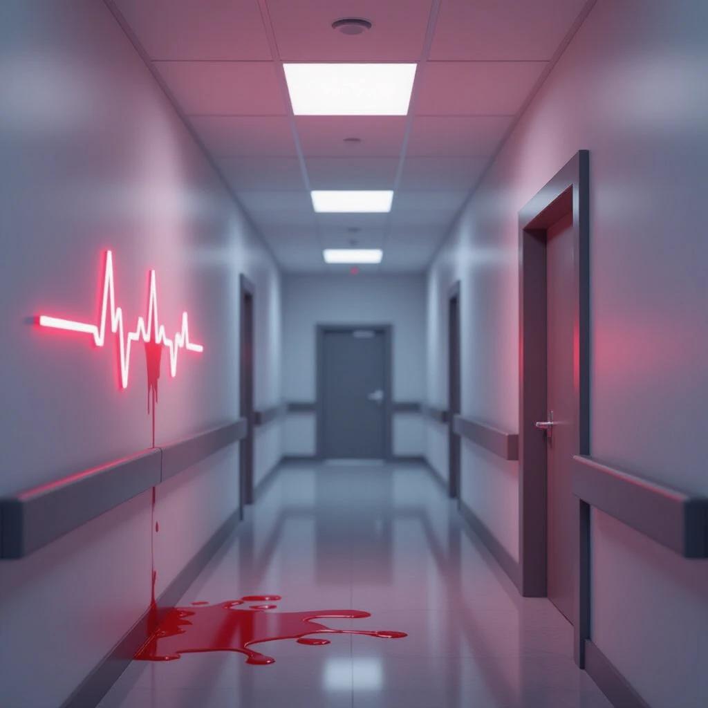 Empty hospital hallway shows red lighted heartbeat line on wall. Bloodstain on floor. Broken door at end of corridor.