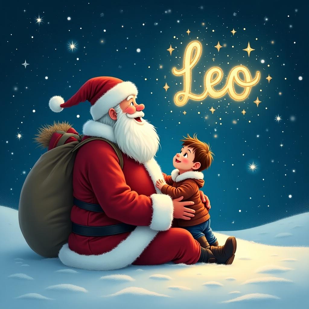 In a wintry landscape, Santa Claus sits joyfully with a young boy. The boy looks up at Santa with wonder and excitement. Above them, in shimmering letters, the name 'Leo' is being magically written in the night sky. Snowflakes softly fall around them, creating a cozy holiday atmosphere. The scene is illuminated by twinkling stars, adding to the magical feeling of Christmas.