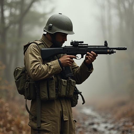 A conceptual World War II era soldier stands in a wooded area holding a submachine gun. The soldier wears a military uniform complete with gear and a helmet. The environment is serene with soft natural light filtering through the trees.