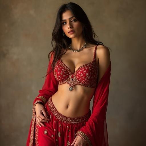 A woman wearing a red embroidered salwar kameez. The outfit features intricate designs with a matching dupatta. The background is neutral, enhancing the outfit's vibrant colors. The pose showcases elegance and cultural beauty. The model has an appealing physique complemented by the attire.