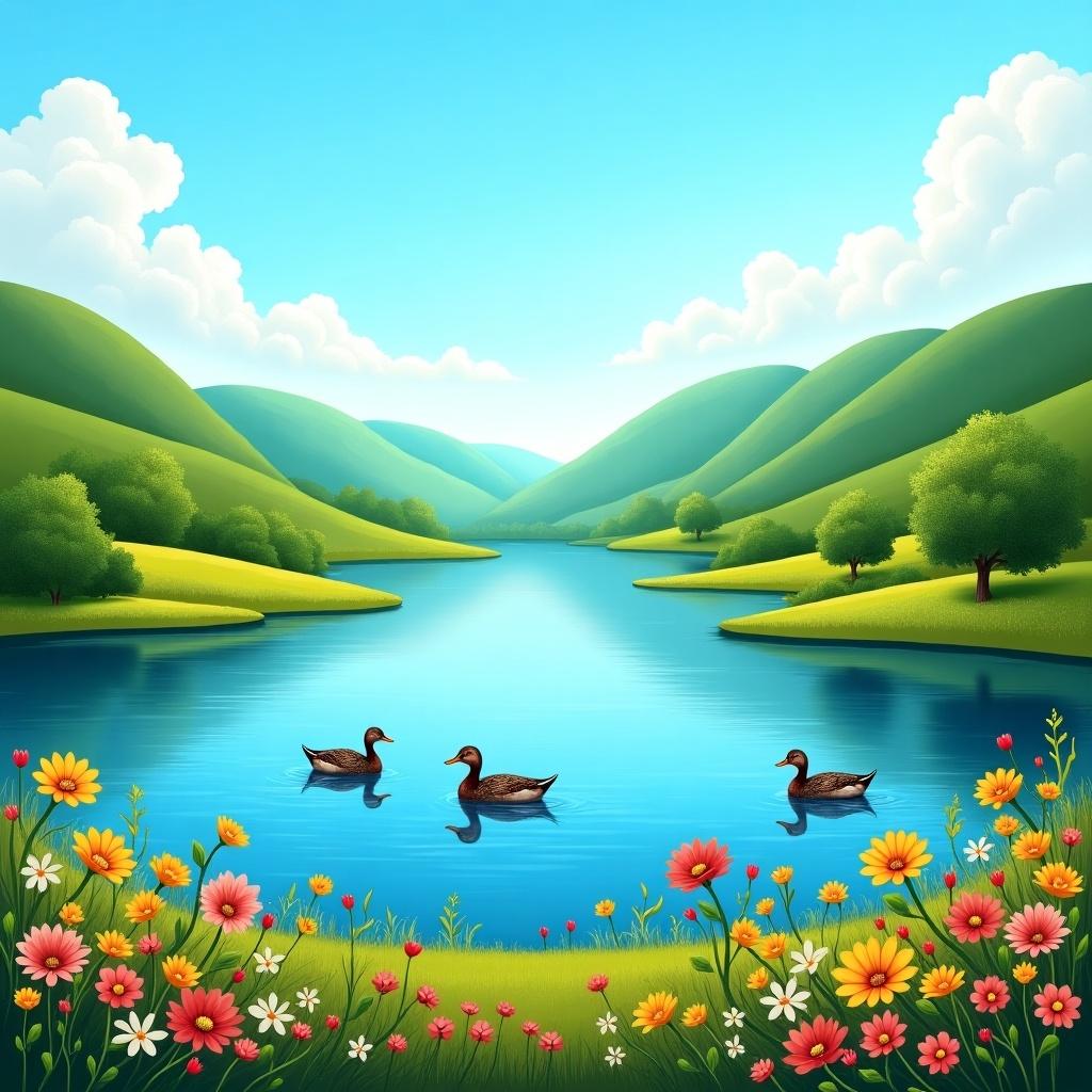 A serene landscape featuring a calm lake surrounded by rolling hills. Ducks swim in the lake. The foreground has colorful flowers. The sky is bright with fluffy clouds.