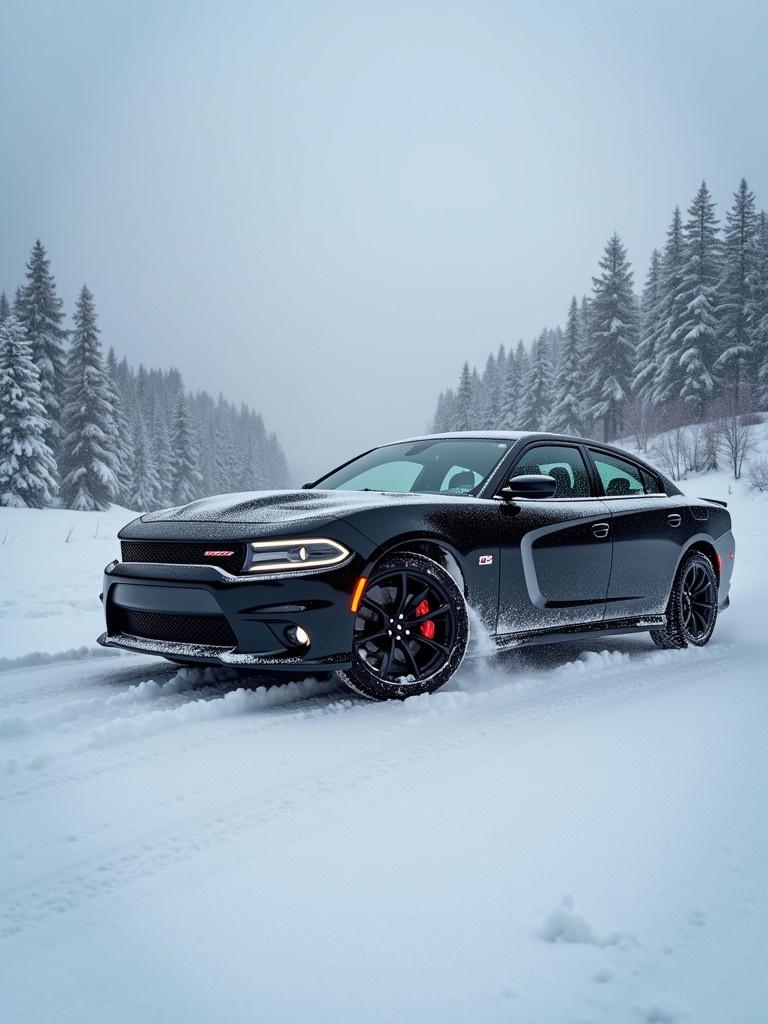 Capture a black Dodge Charger in a snowy environment. Show the car driving through snow-covered terrain. Emphasize the beauty of the winter landscape.