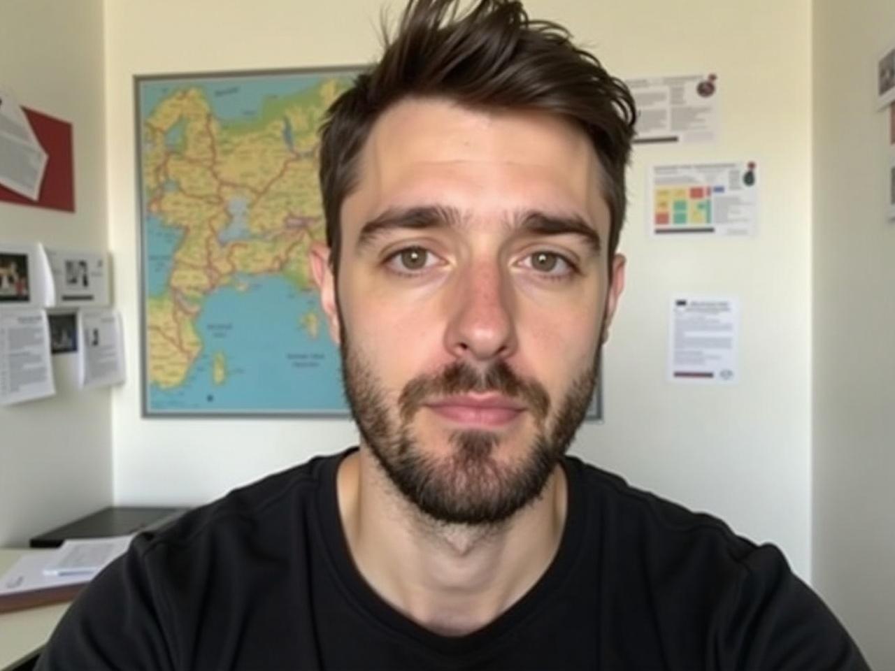 The image shows a young man with a beard, looking directly into the camera. He is wearing a black shirt and has short, dark hair. The background features a map on the wall, suggesting a workspace or an office setting. There's some paperwork in the room, and the atmosphere appears casual yet professional. The lighting is bright, creating a clear view of his facial features.