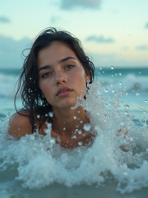 Image shows a woman partially submerged in ocean water with splashes around her. Calm expression on her face contrasts with the turbulent scene. Sky has soft clouds with diffused sunlight illuminating her features. Dominant colors are muted blues and hints of white. The composition emphasizes natural elements with focus on the woman, creating depth and motion from the waves.