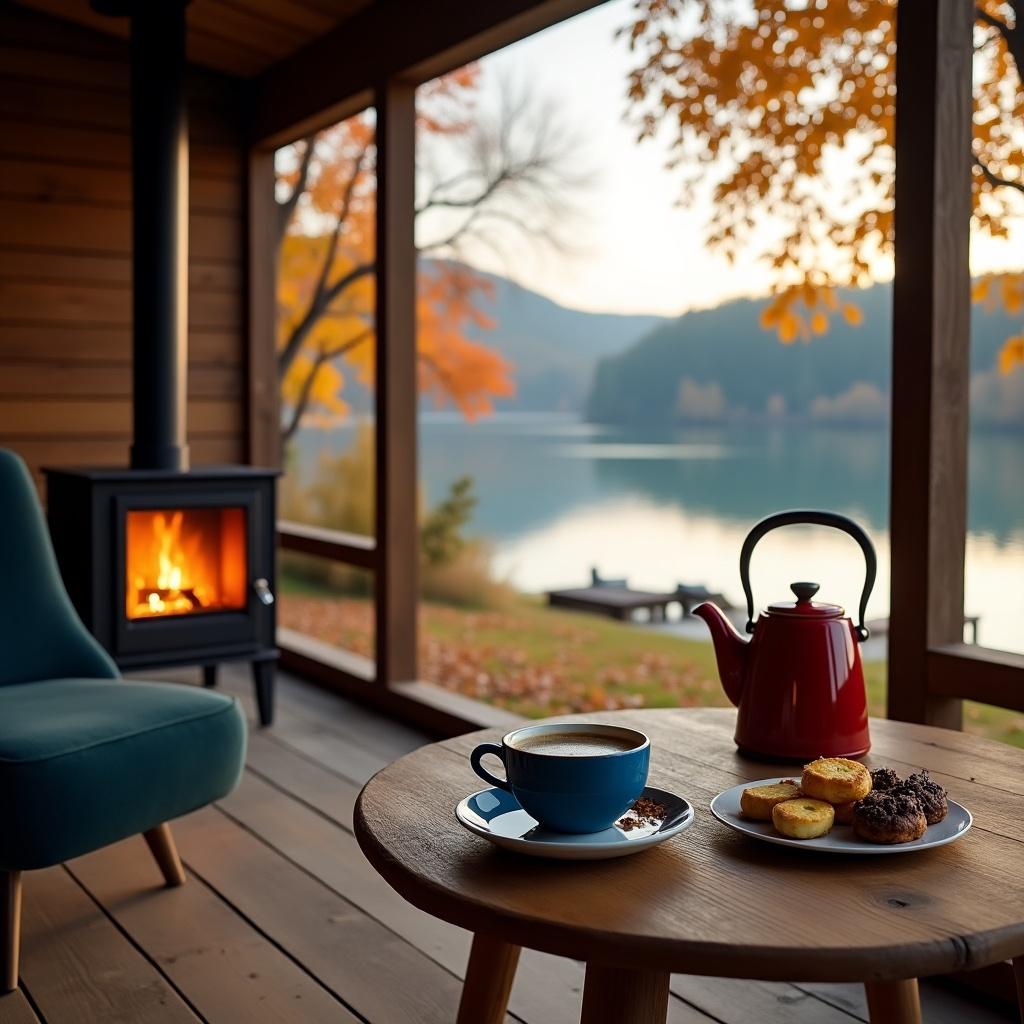 Beautiful autumn scene featuring a lakeside cottage. The left side has a modern wooden porch with a stylish chair and a table. A blue coffee cup, red kettle, and a plate of chocolate and pineapple pastries are on the table. Right side shows the lakeside view with warm colors of autumn foliage. A black wood stove fireplace adds to the cozy atmosphere.