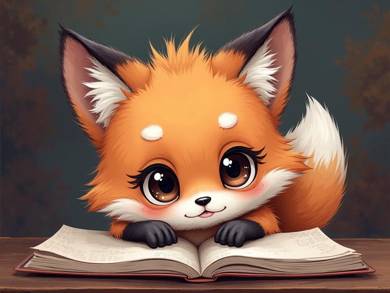 Kawaii style. Fox with intricate details. Large expressive eyes. Soft and fuzzy design. Sitting on a desk. Hand drawn illustration. Rich in whimsical elements.