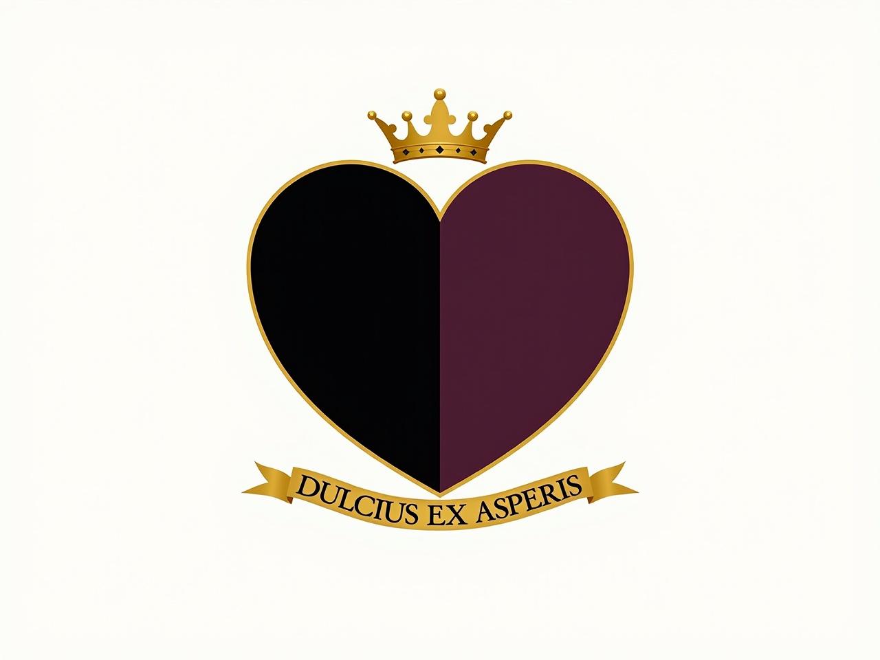 The heart-shaped shield design features a bold black charge on the left half and a deep dark-purple charge on the right half. At the top of the shield, there is a coronet that is now colored in an elegant gold. Below the heart-shaped shield, a ribbon elegantly displays the motto 'Dulcius Ex Asperis'. The overall design maintains a blend of regal and contemporary aesthetics, emphasizing both strength and beauty.