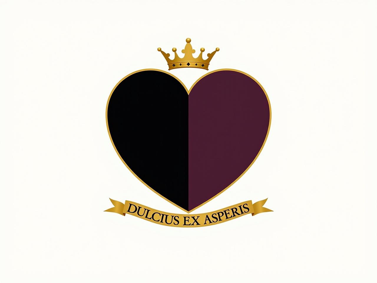 The heart-shaped shield design features a bold black charge on the left half and a deep dark-purple charge on the right half. At the top of the shield, there is a coronet that is now colored in an elegant gold. Below the heart-shaped shield, a ribbon elegantly displays the motto 'Dulcius Ex Asperis'. The overall design maintains a blend of regal and contemporary aesthetics, emphasizing both strength and beauty.